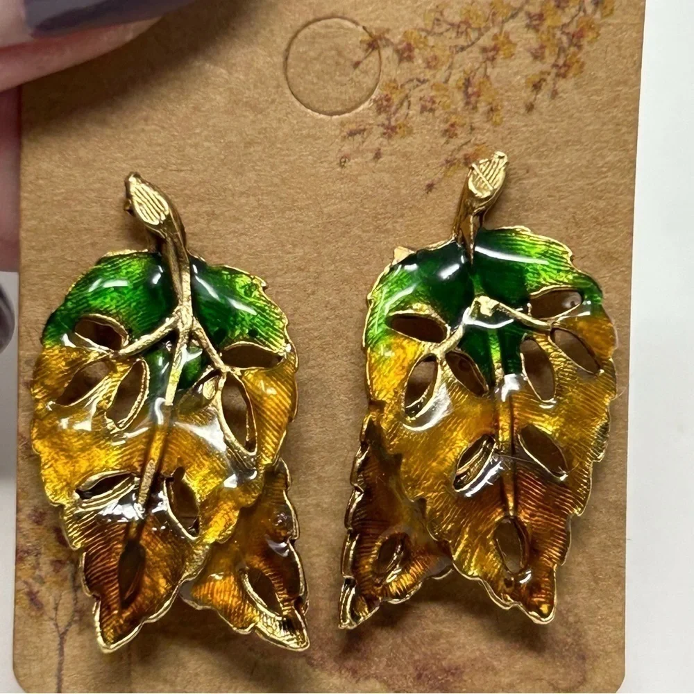 Small Green and Brown Multicolor Enamel Leaf Stud Earrings Fall Foliage